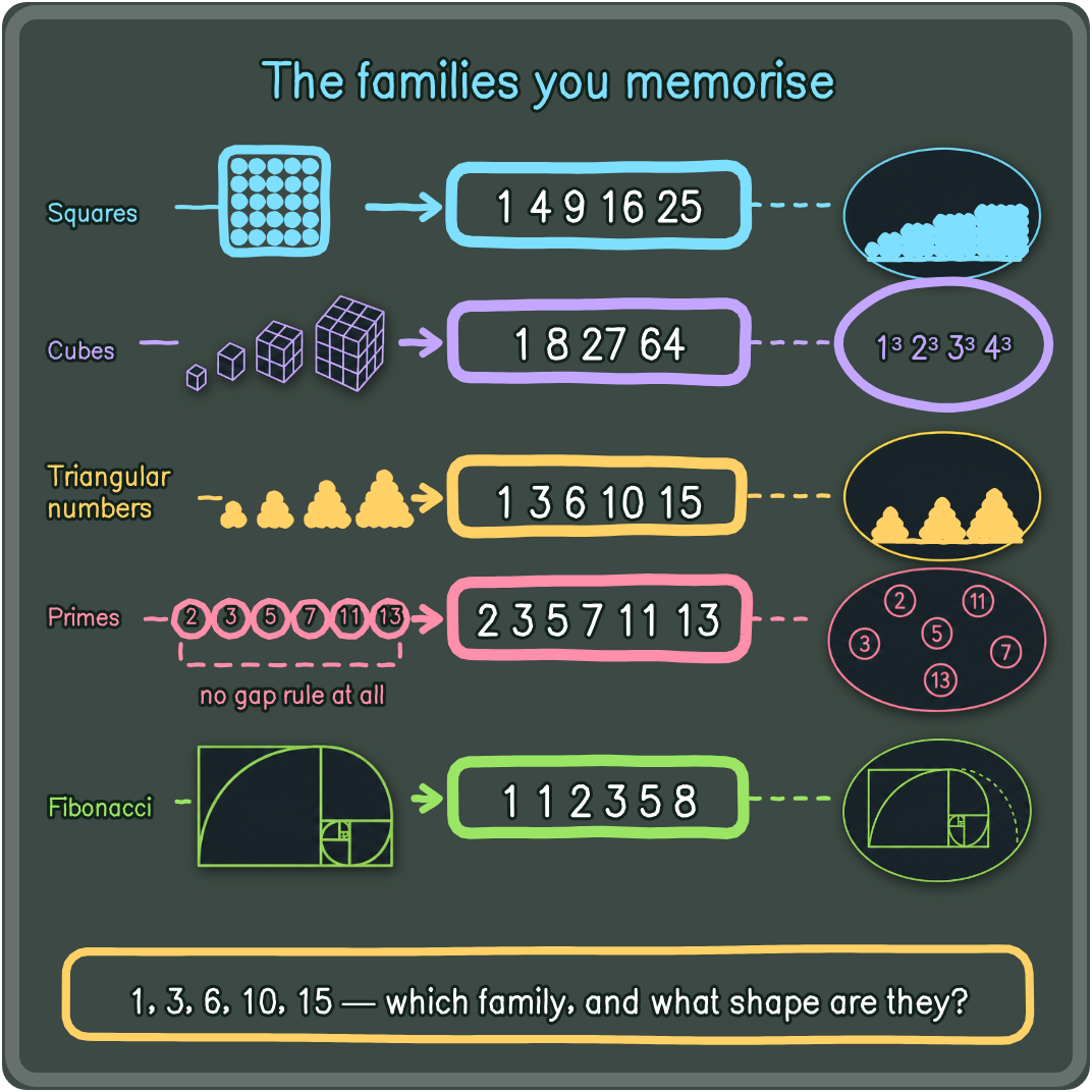 Illustrated board of common number-pattern families
